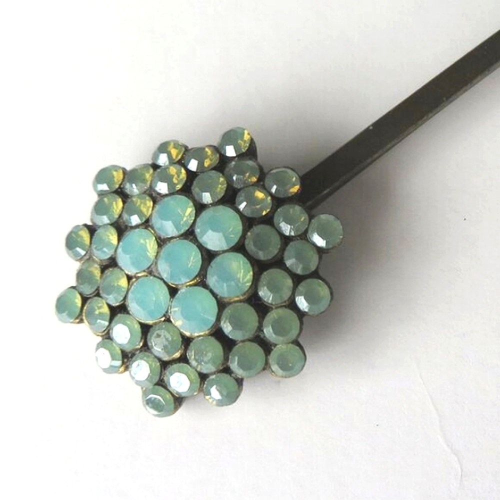 Large Flower Hair Pin With Seafoam Green Crystals